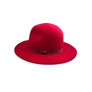Brixton Red 100% Wool Fedora Hat Women's Medium 7 1/4 Ribbon Boho Wide Brim Felt